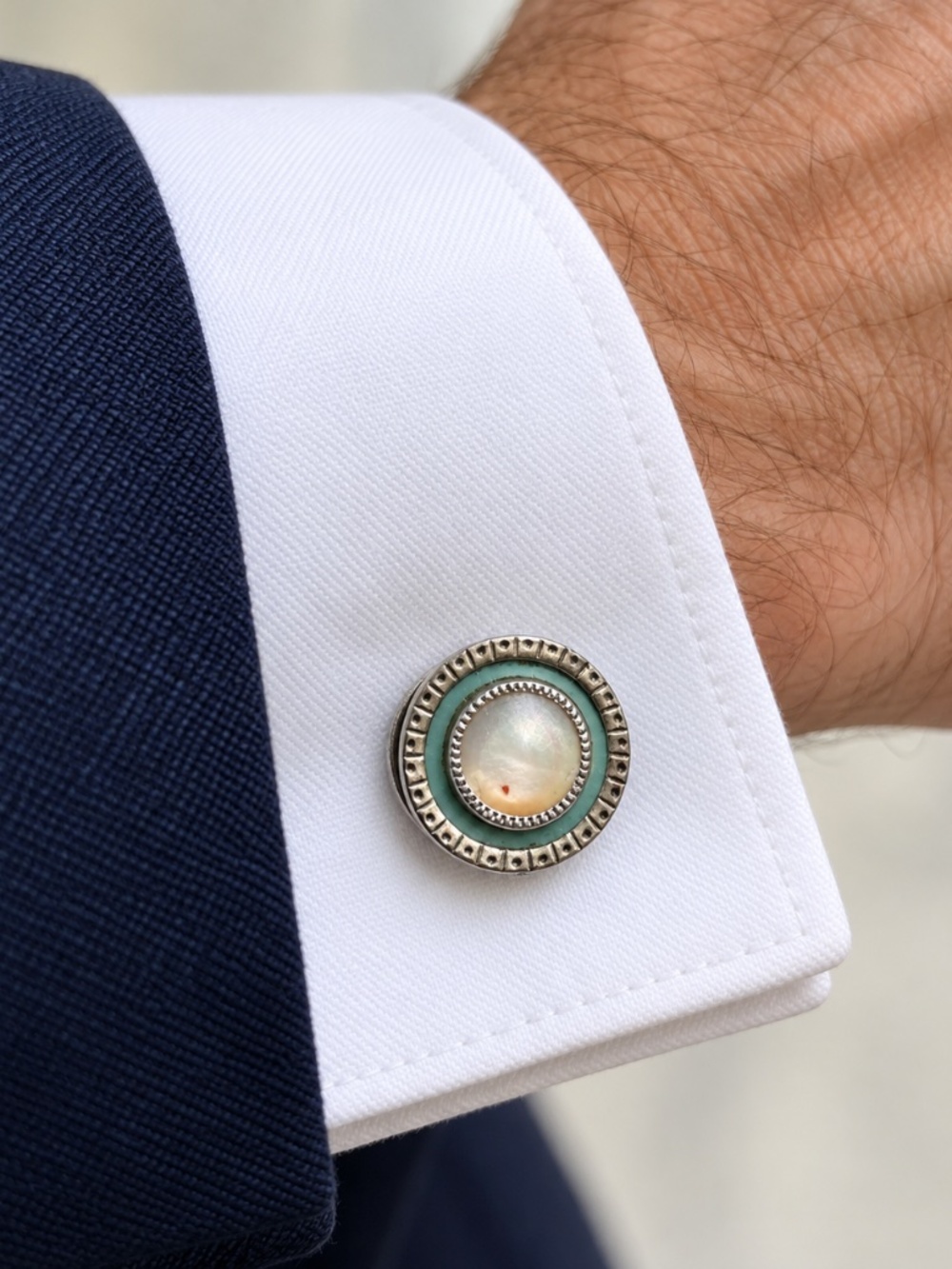 Vintage Snap Link Cufflinks – Aqua & Pearl Tone